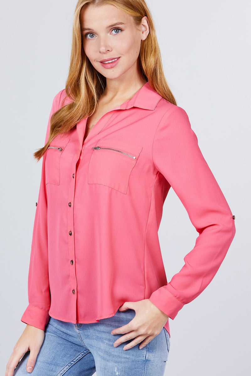 Button Up Zipper Pocket Blouse