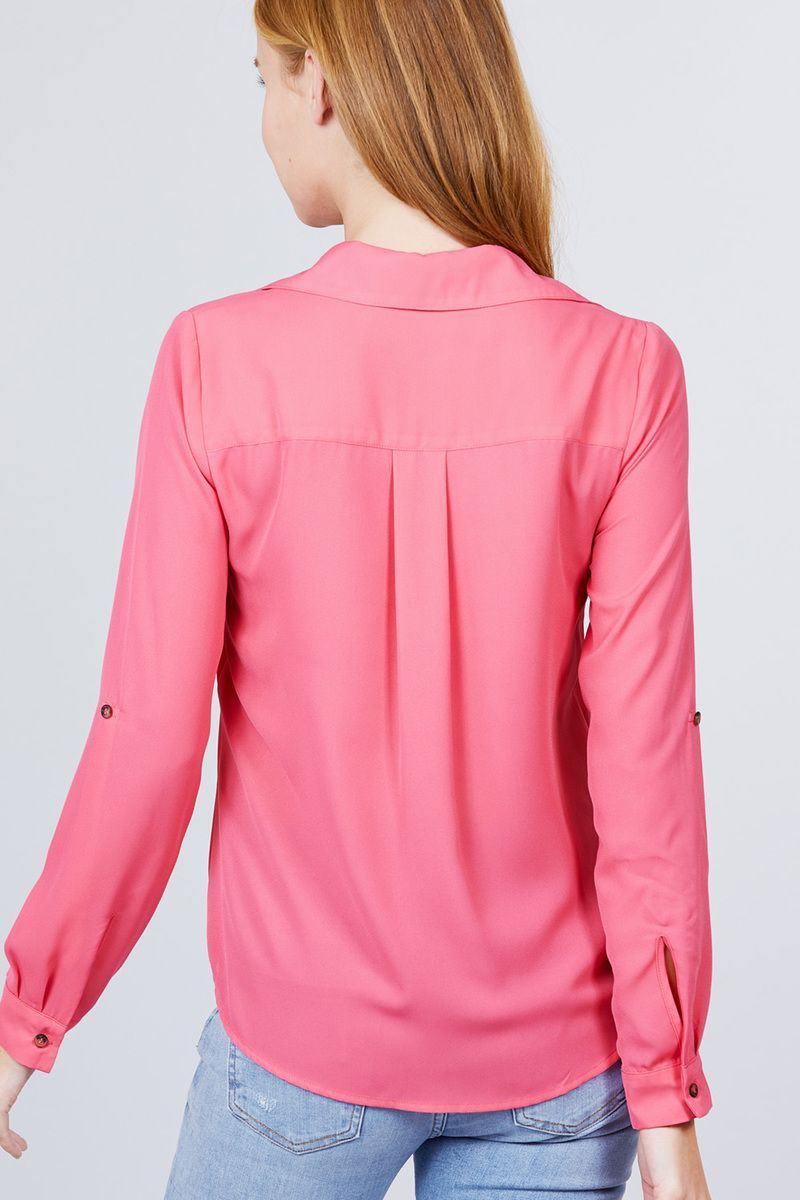 Button Up Zipper Pocket Blouse