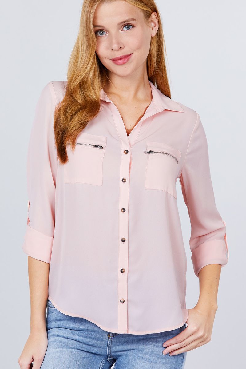 Button Up Zipper Pocket Blouse
