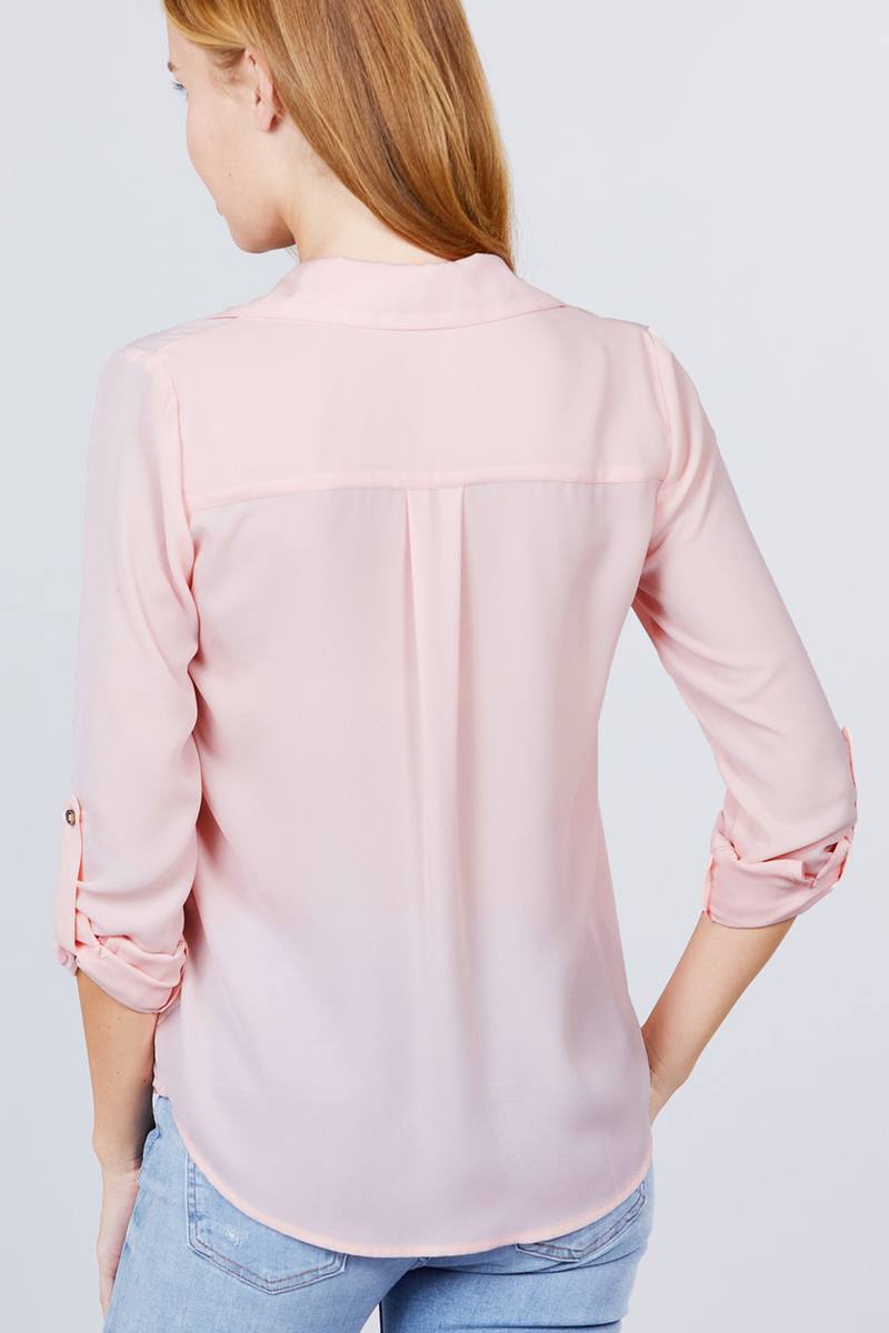 Button Up Zipper Pocket Blouse