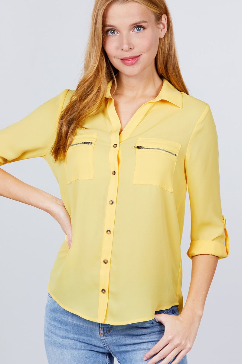 Button Up Zipper Pocket Blouse
