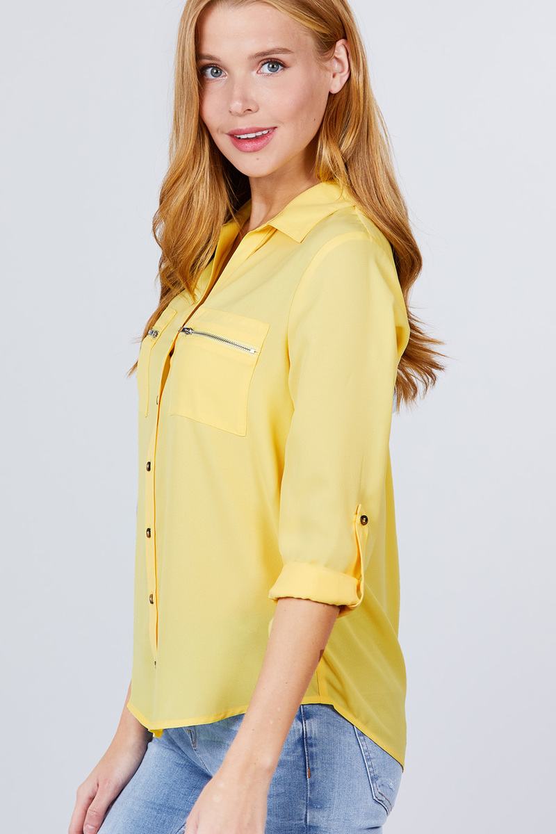 Button Up Zipper Pocket Blouse