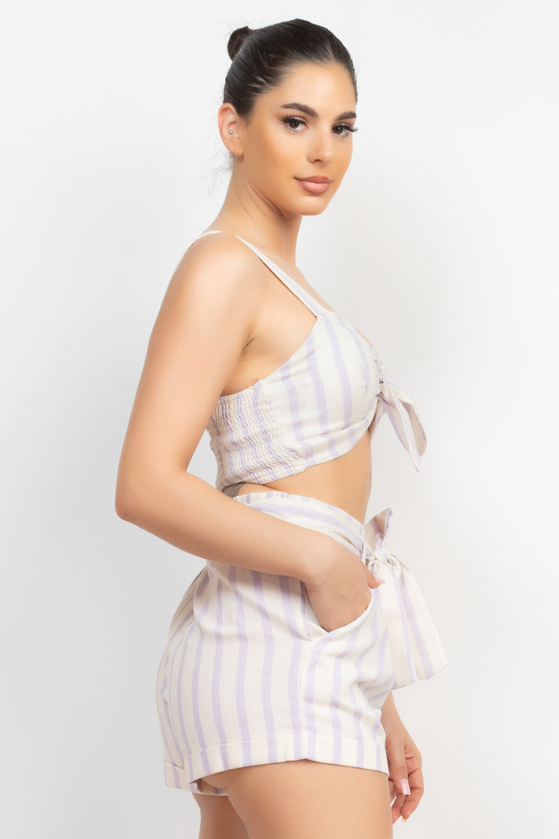 Tie Front Striped Crop Top & Belted Shorts Set