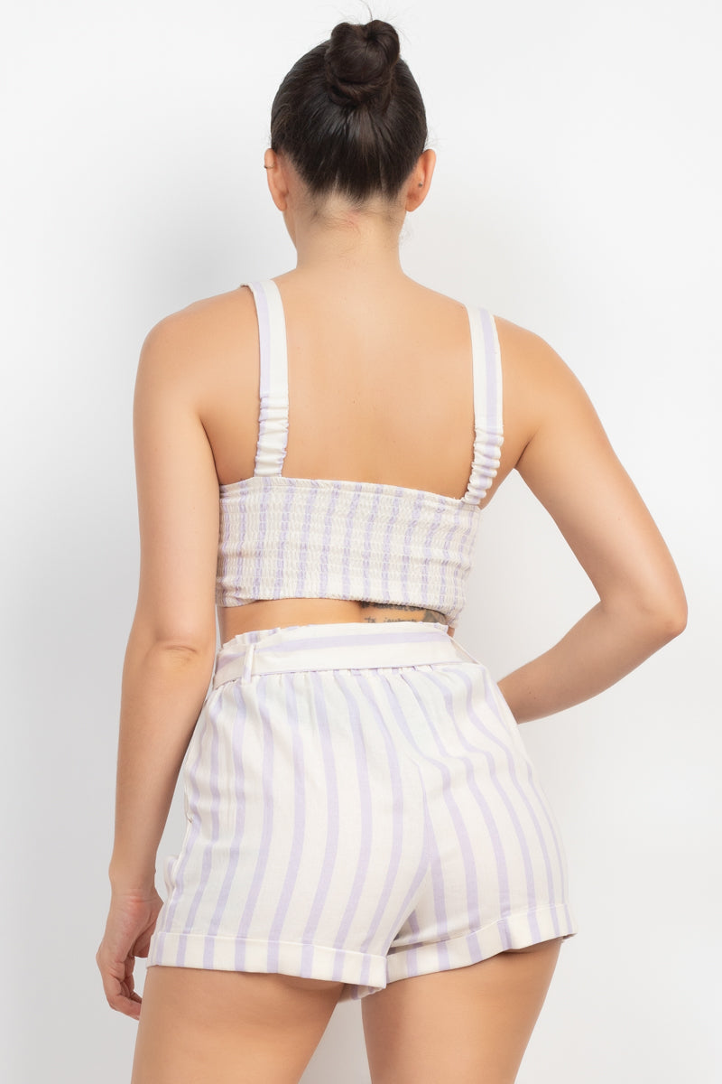 Tie Front Striped Crop Top & Belted Shorts Set