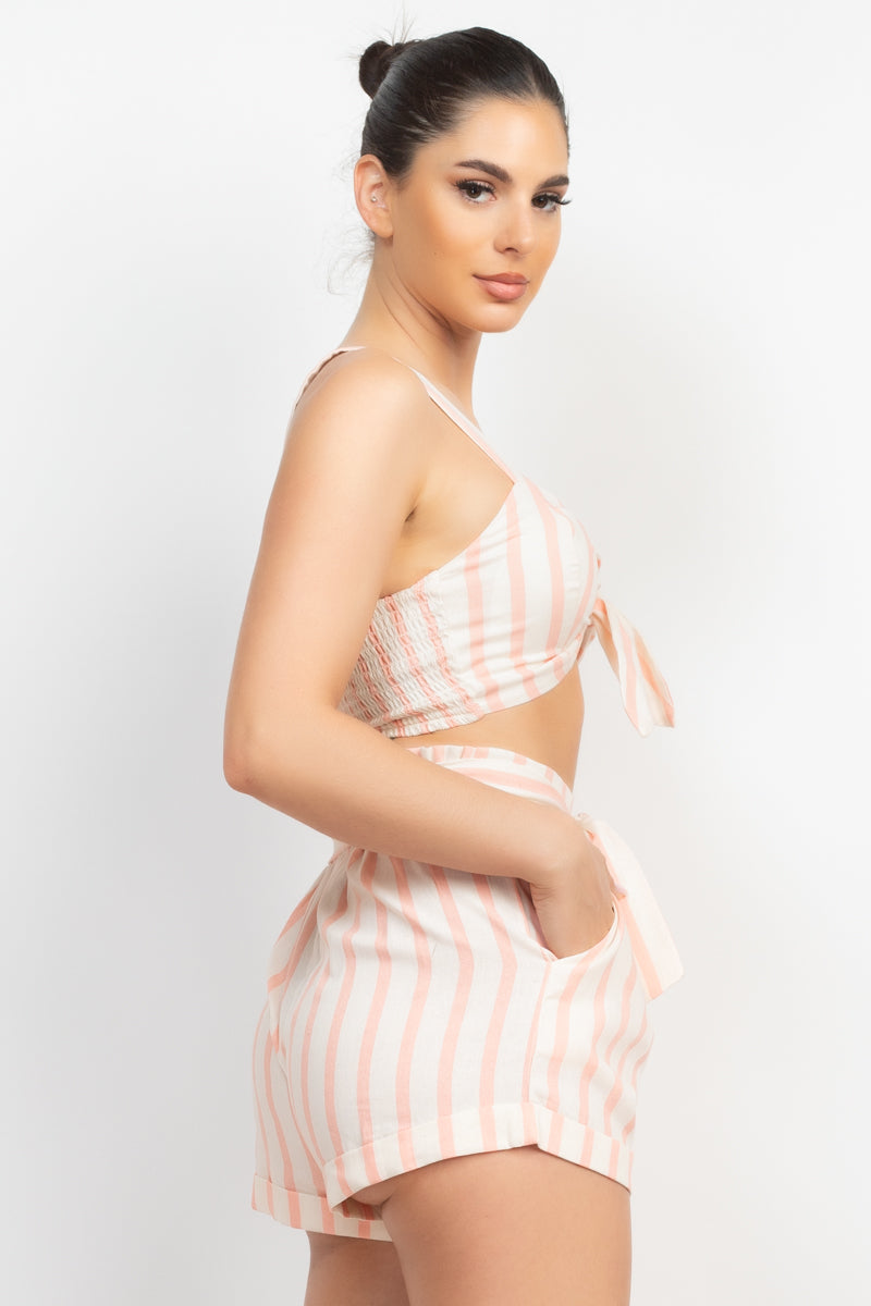 Tie Front Striped Crop Top & Belted Shorts Set