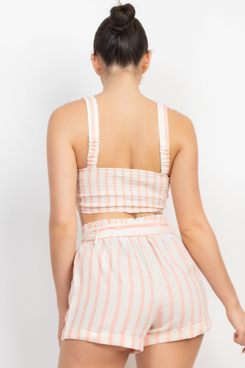 Tie Front Striped Crop Top & Belted Shorts Set