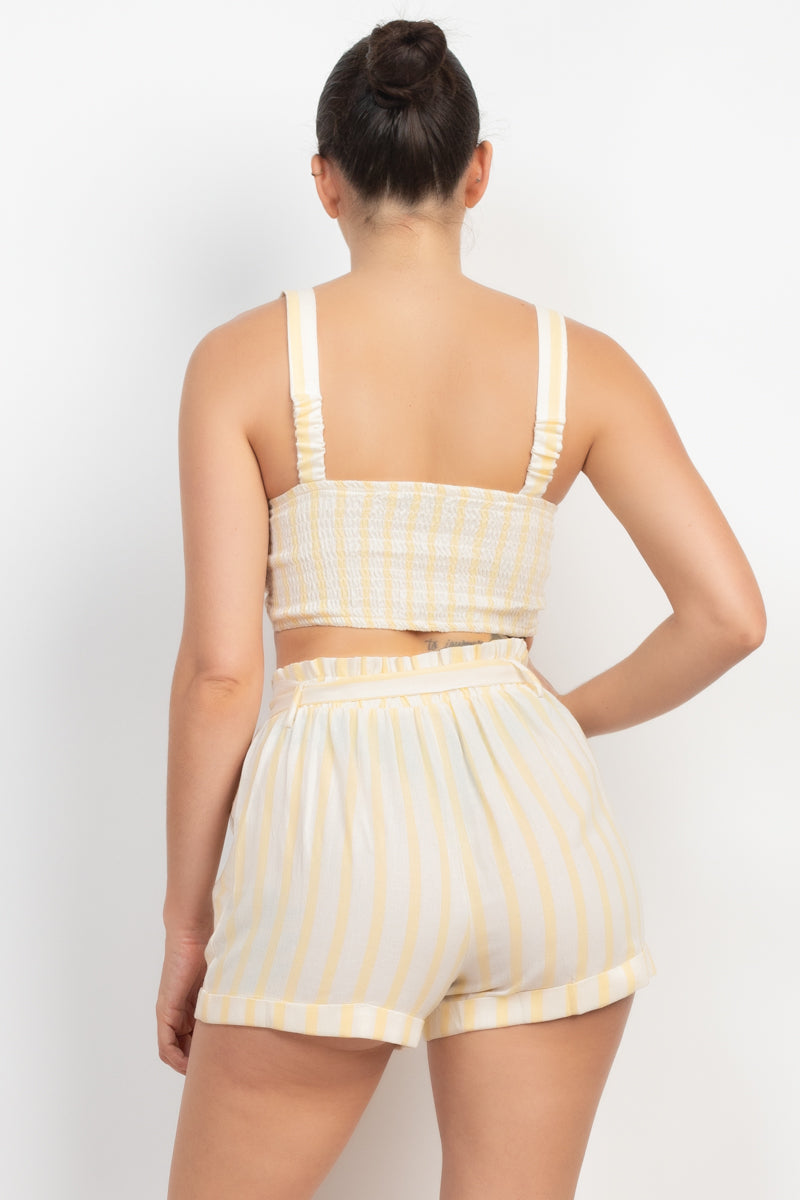 Tie Front Striped Crop Top & Belted Shorts Set