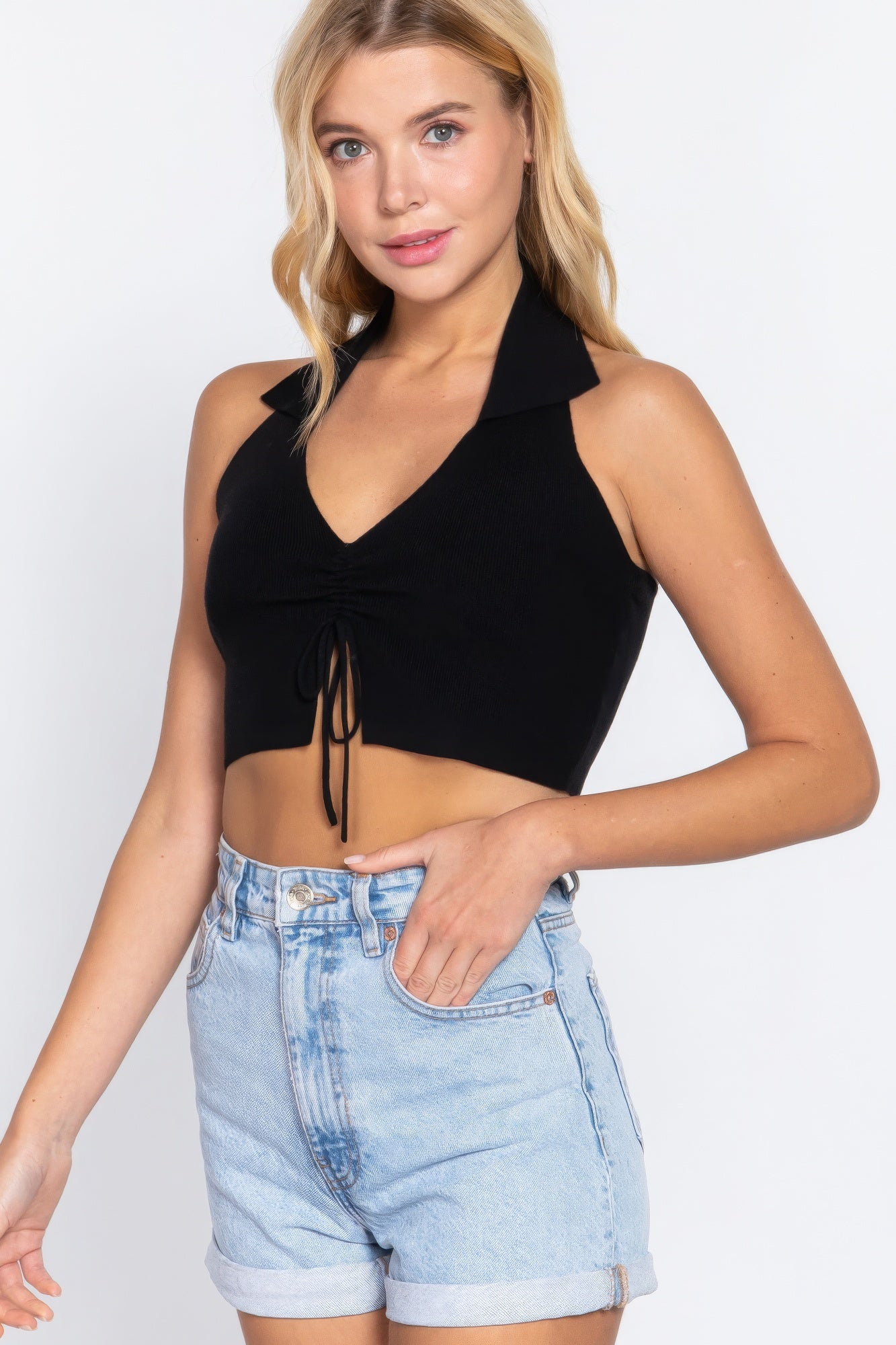 Halter Collar Ruched Crop Top
