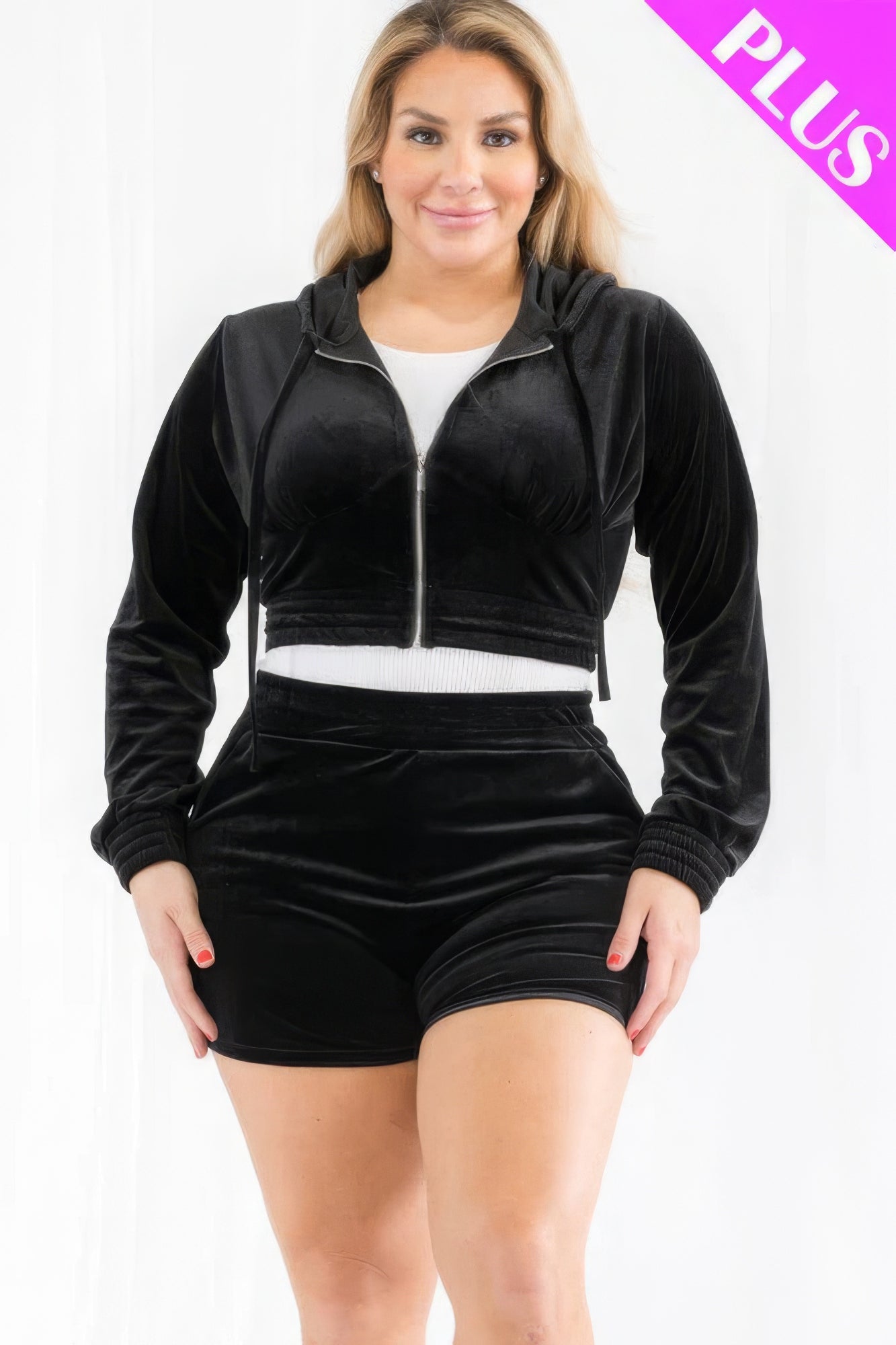 Plus Size Velour Crop Hoodie & Shorts Set