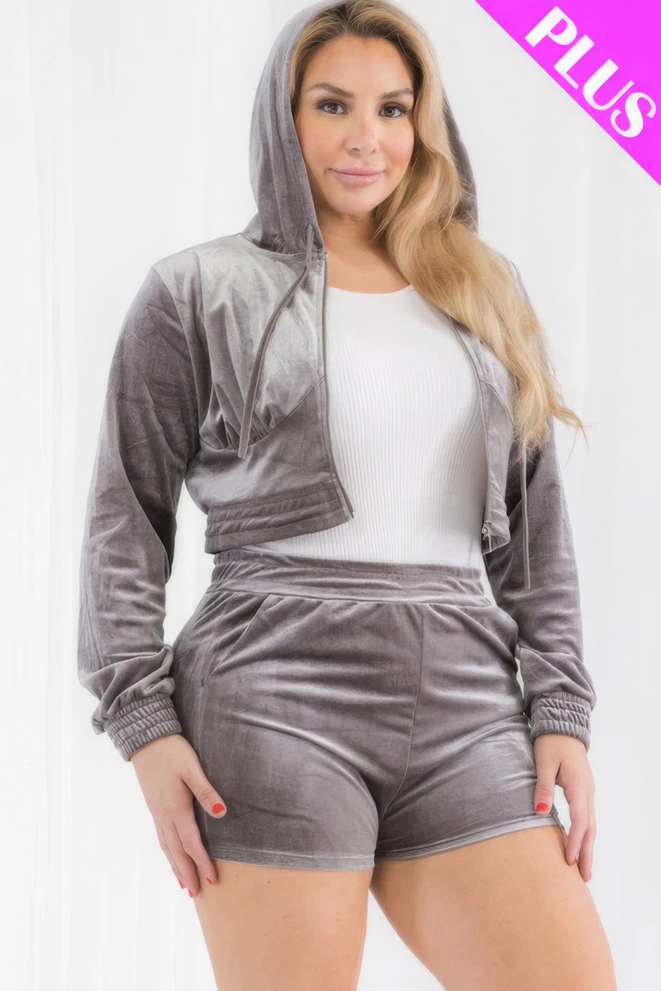 Plus Size Velour Crop Hoodie & Shorts Set