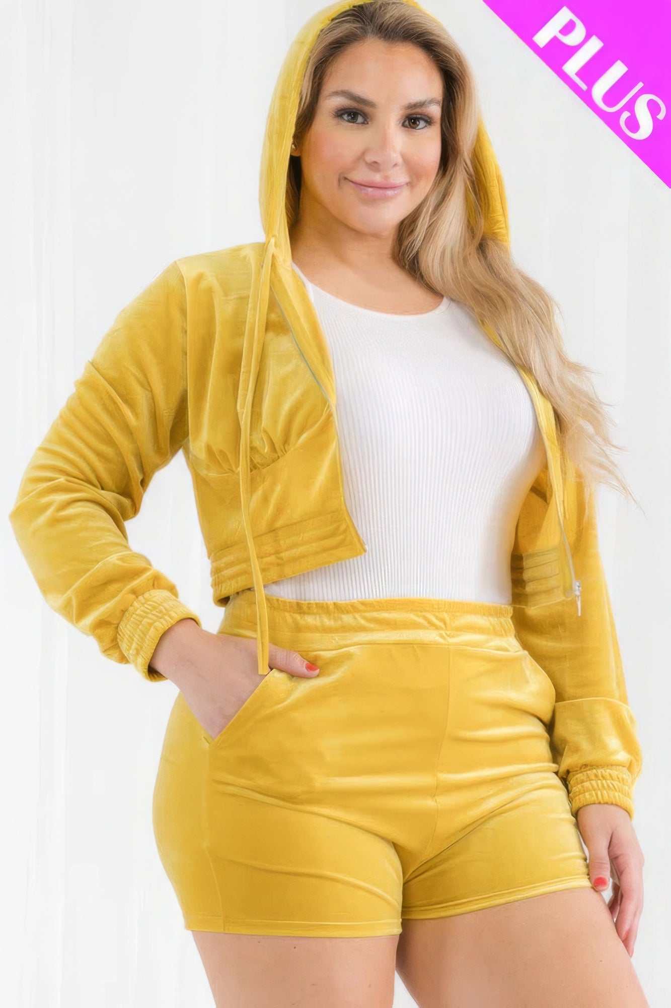 Plus Size Velour Crop Hoodie & Shorts Set