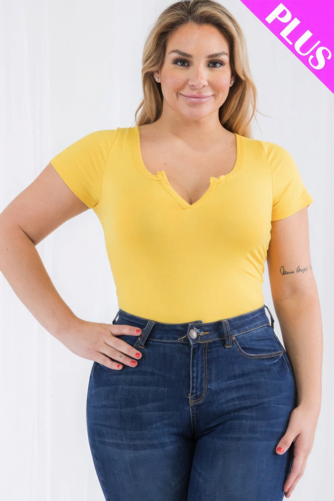 Plus Size Split Neck Short Sleeve Bodysuit
