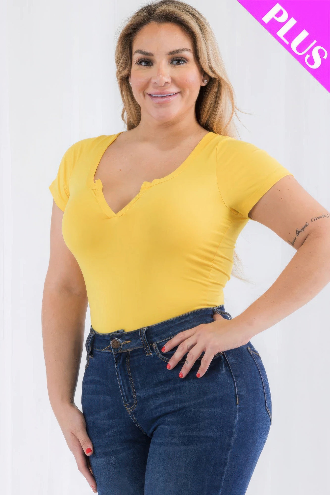 Plus Size Split Neck Short Sleeve Bodysuit