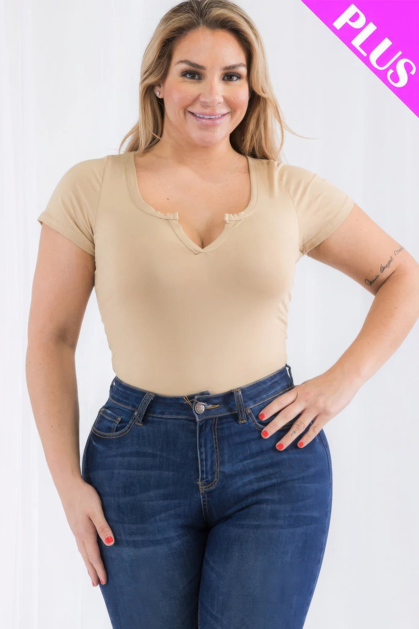 Plus Size Split Neck Short Sleeve Bodysuit