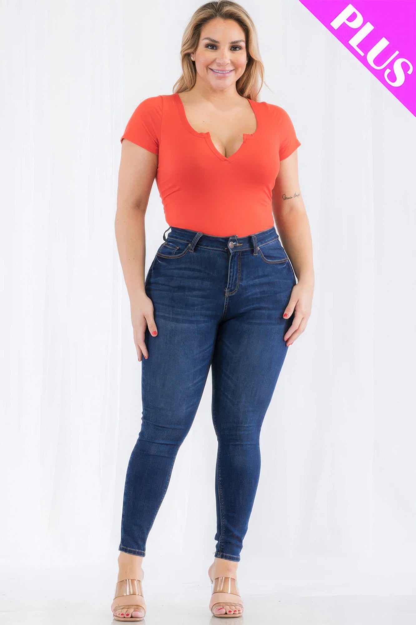 Plus Size Split Neck Short Sleeve Bodysuit