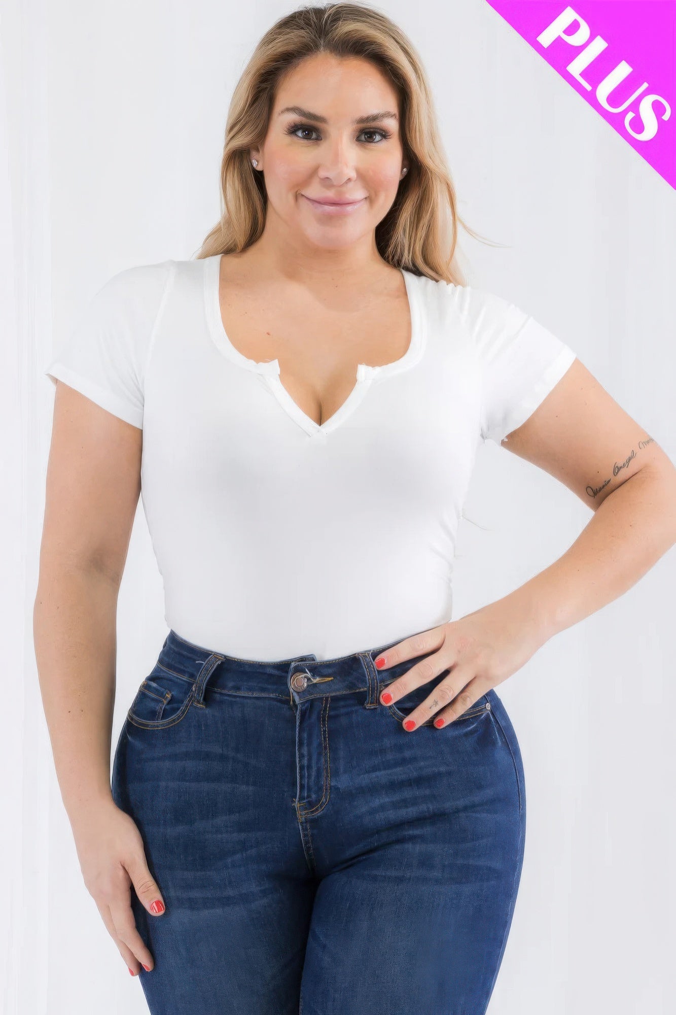 Plus Size Split Neck Short Sleeve Bodysuit
