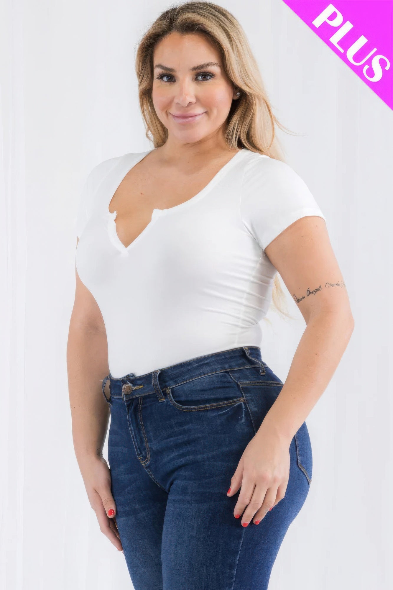 Plus Size Split Neck Short Sleeve Bodysuit