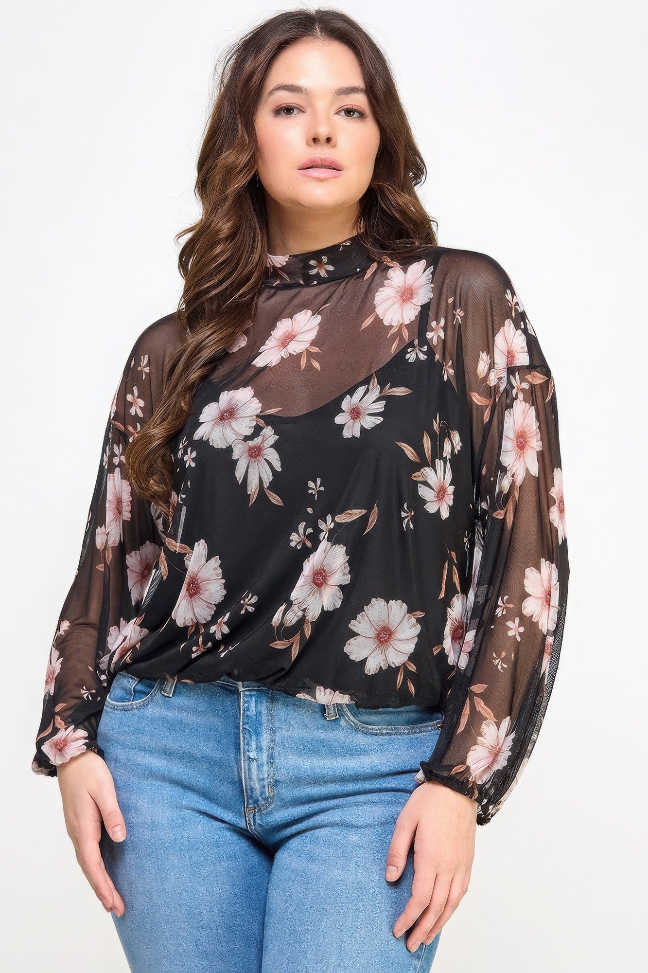 Plus Size Mesh Floral Long Sleeve Top