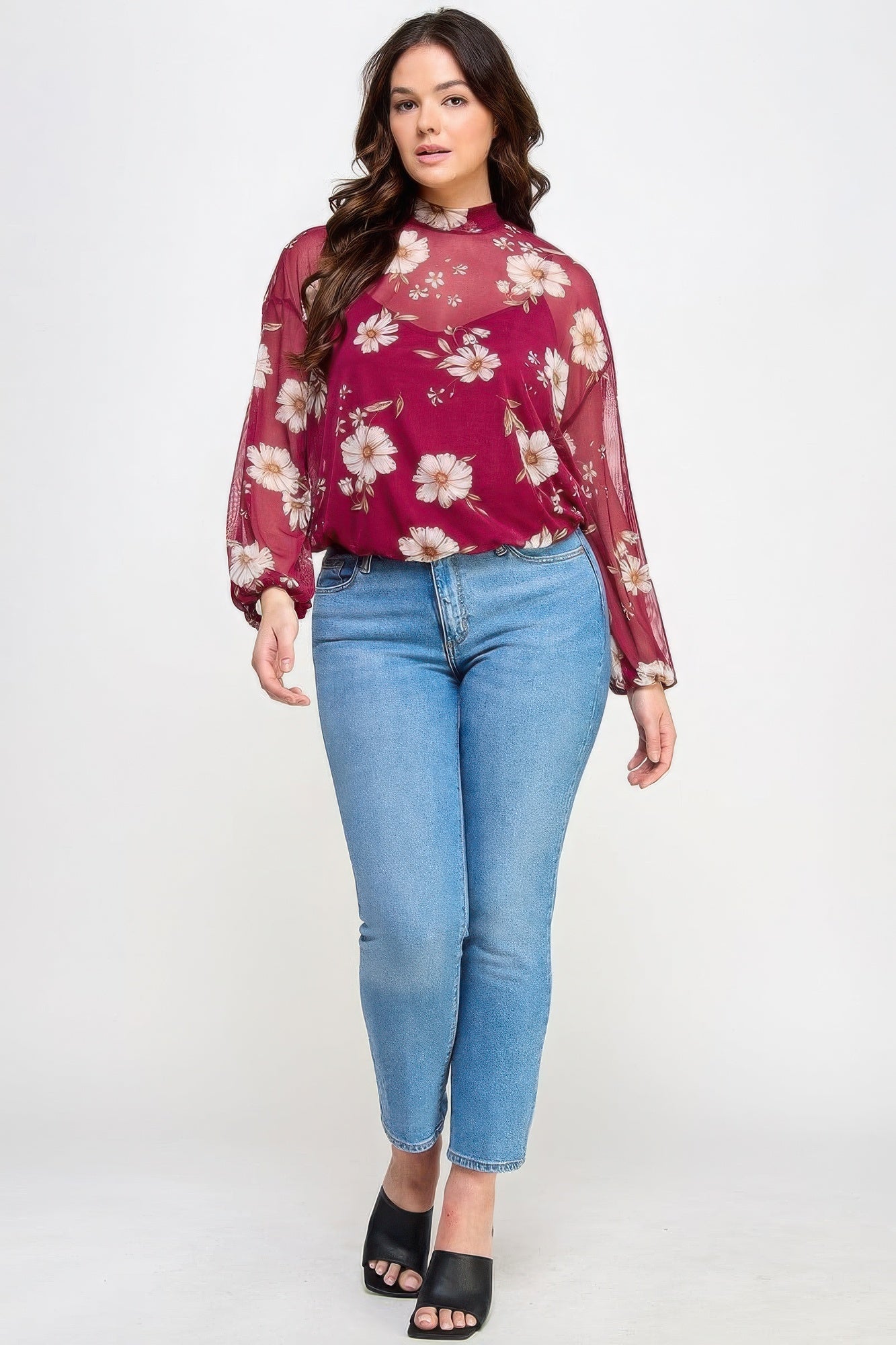 Plus Size Mesh Floral Long Sleeve Top