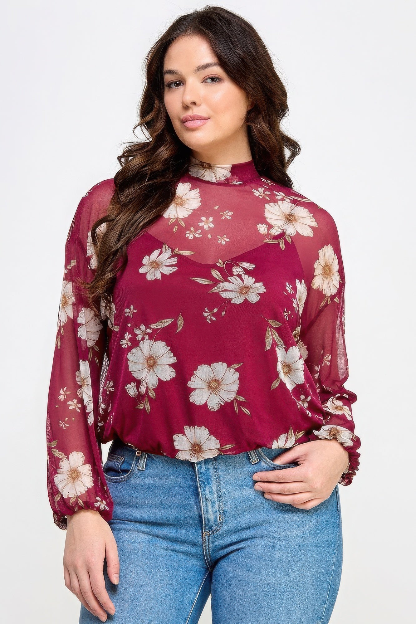 Plus Size Mesh Floral Long Sleeve Top