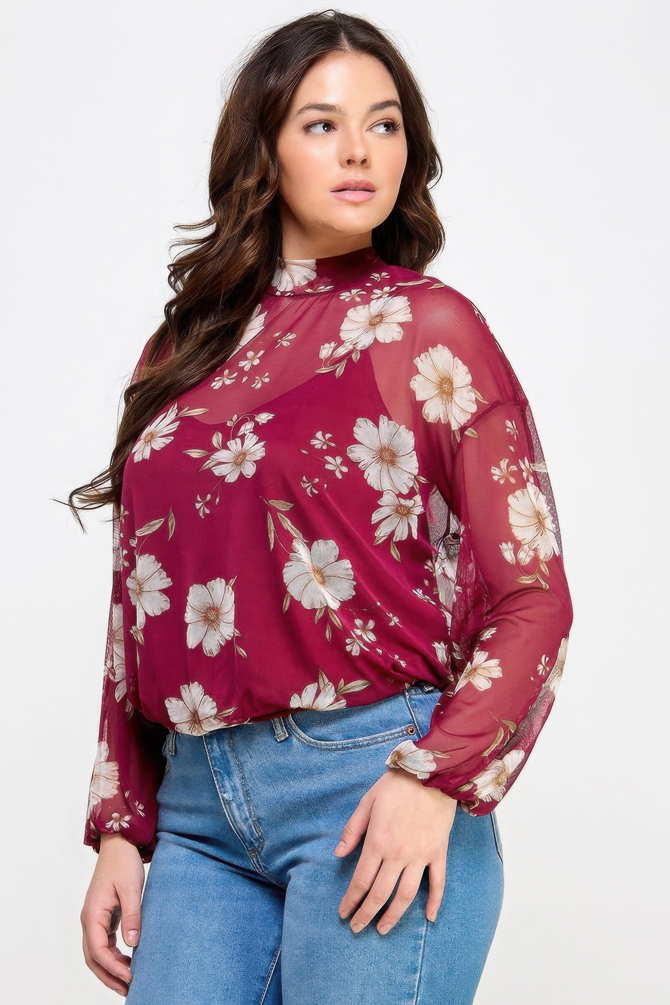 Plus Size Mesh Floral Long Sleeve Top