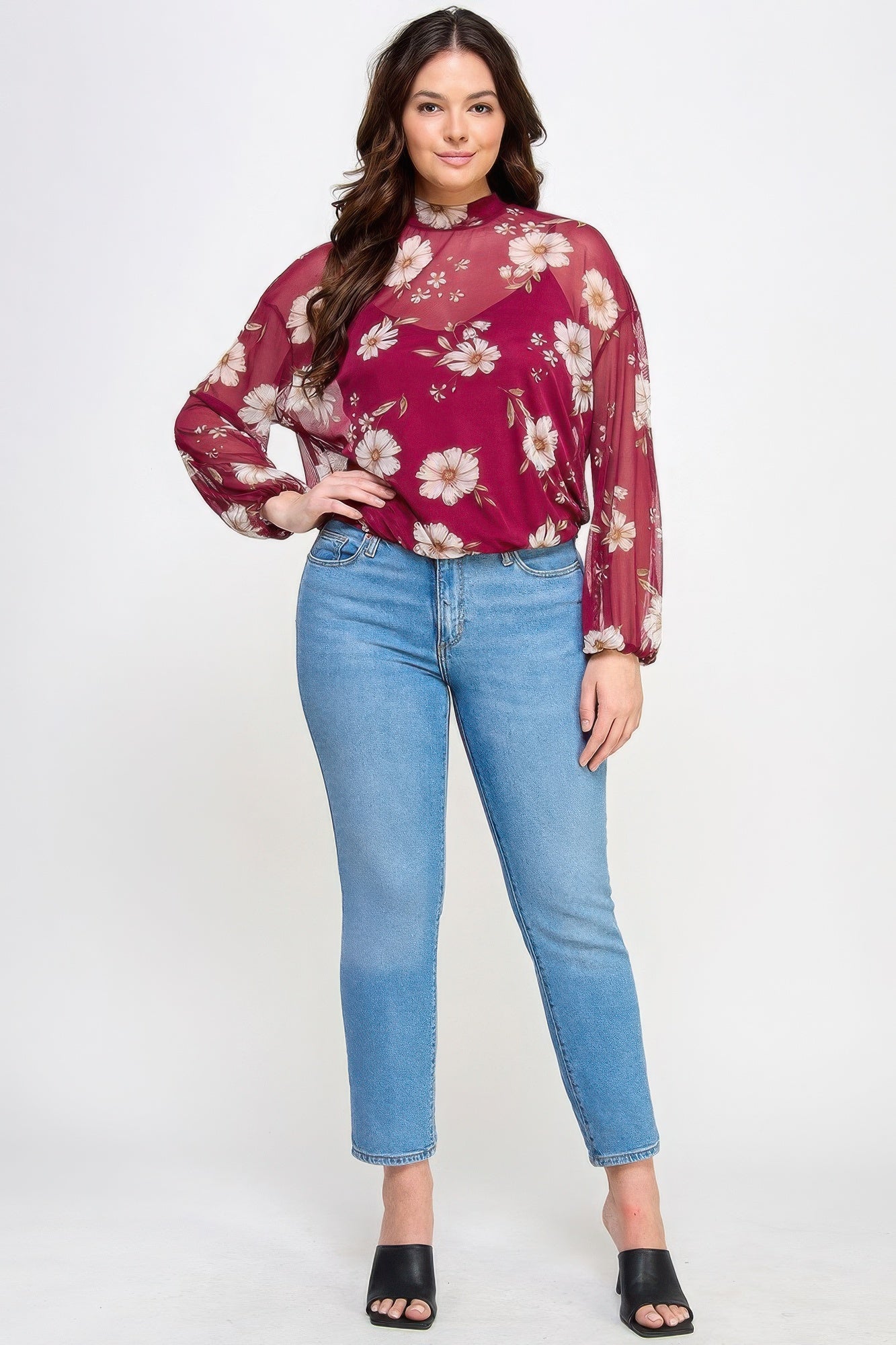Plus Size Mesh Floral Long Sleeve Top