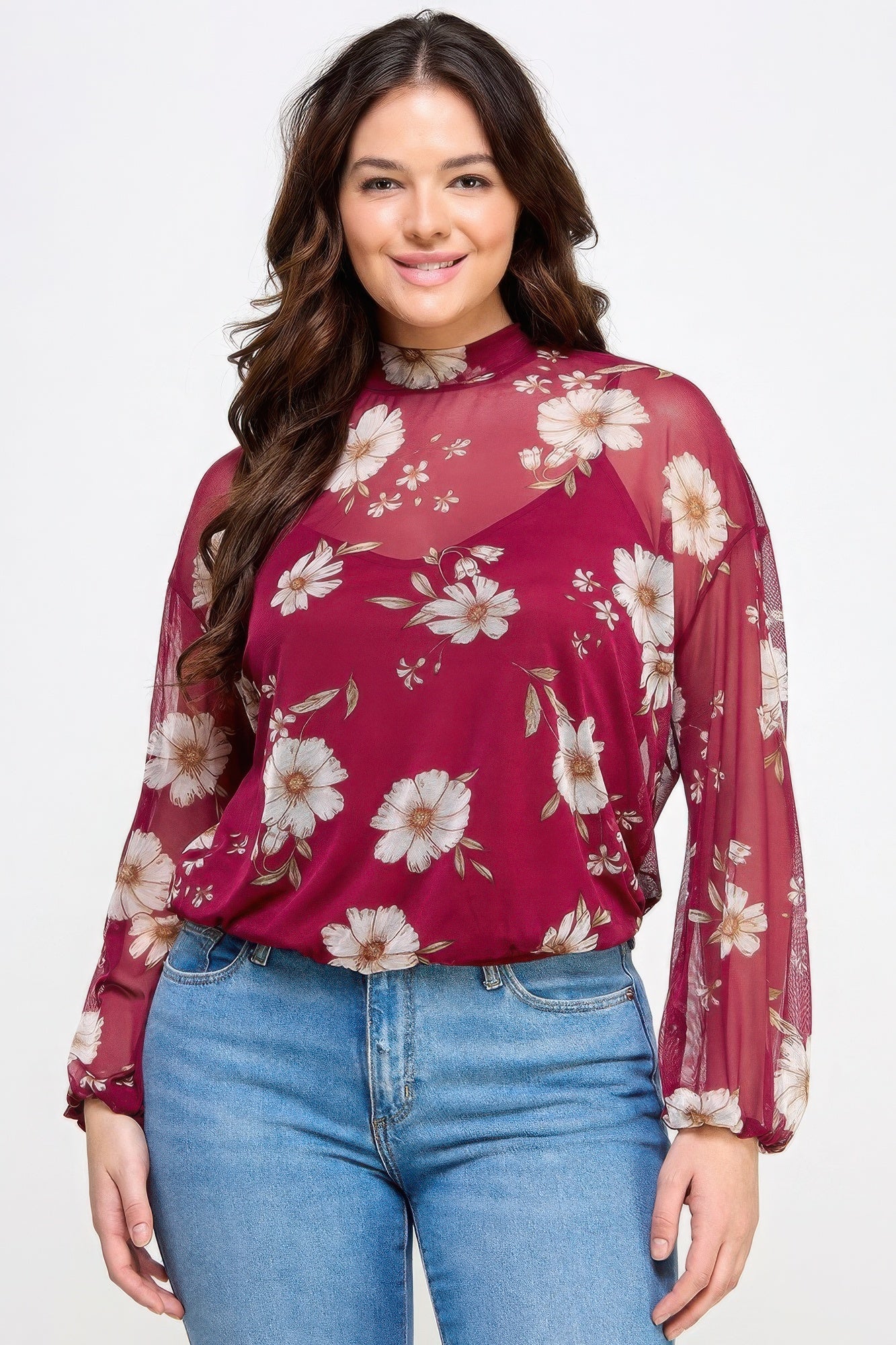 Plus Size Mesh Floral Long Sleeve Top