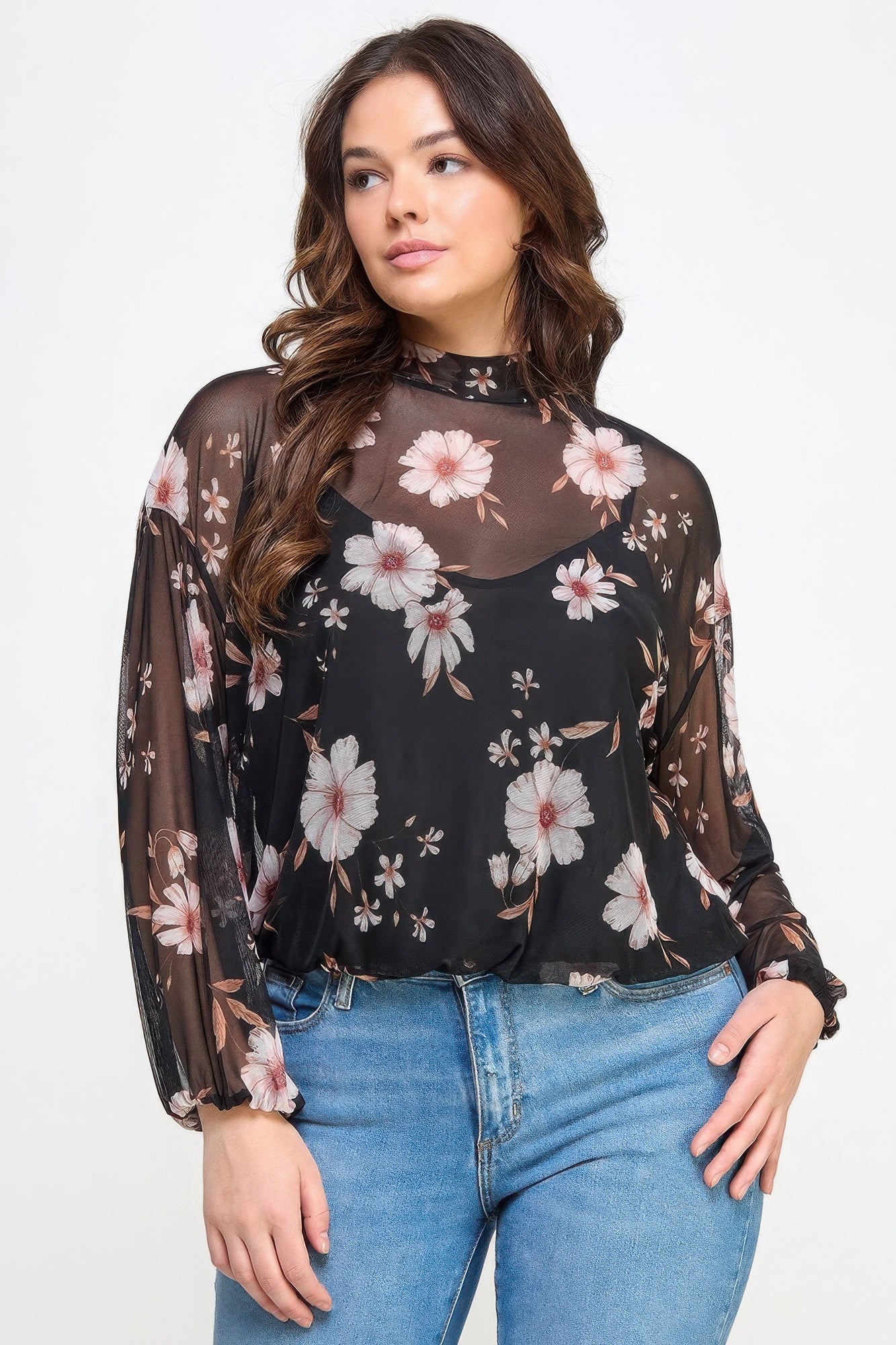 Plus Size Mesh Floral Long Sleeve Top