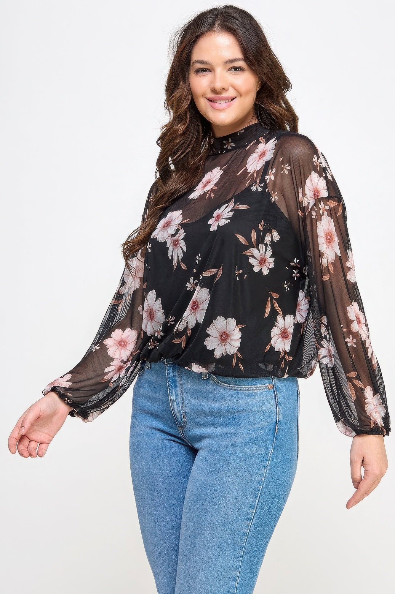 Plus Size Mesh Floral Long Sleeve Top