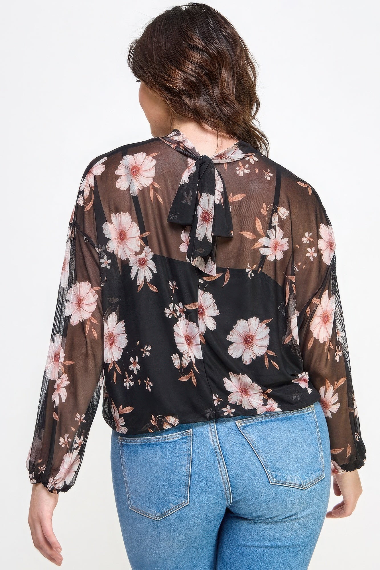 Plus Size Mesh Floral Long Sleeve Top
