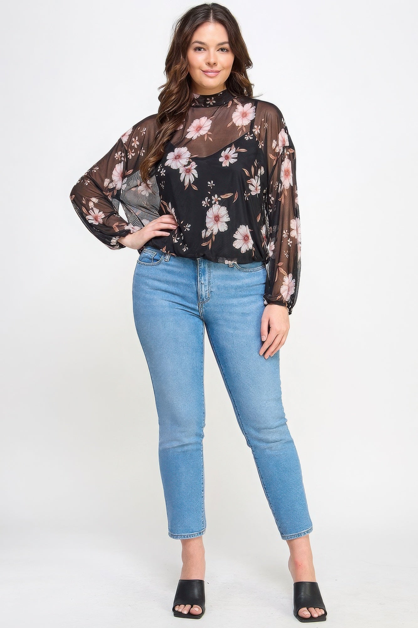 Plus Size Mesh Floral Long Sleeve Top