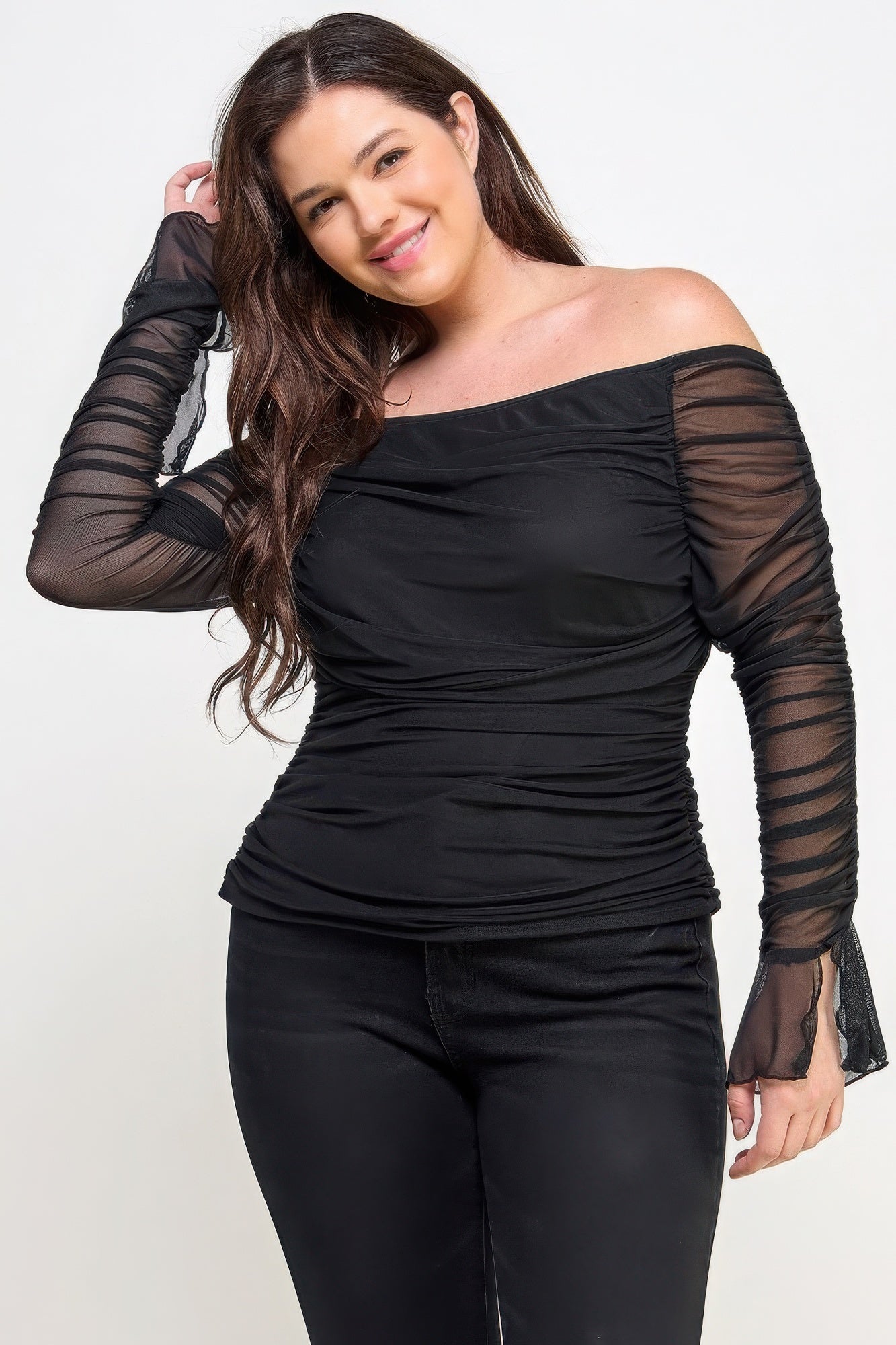 Plus Size Ruched Mesh Top