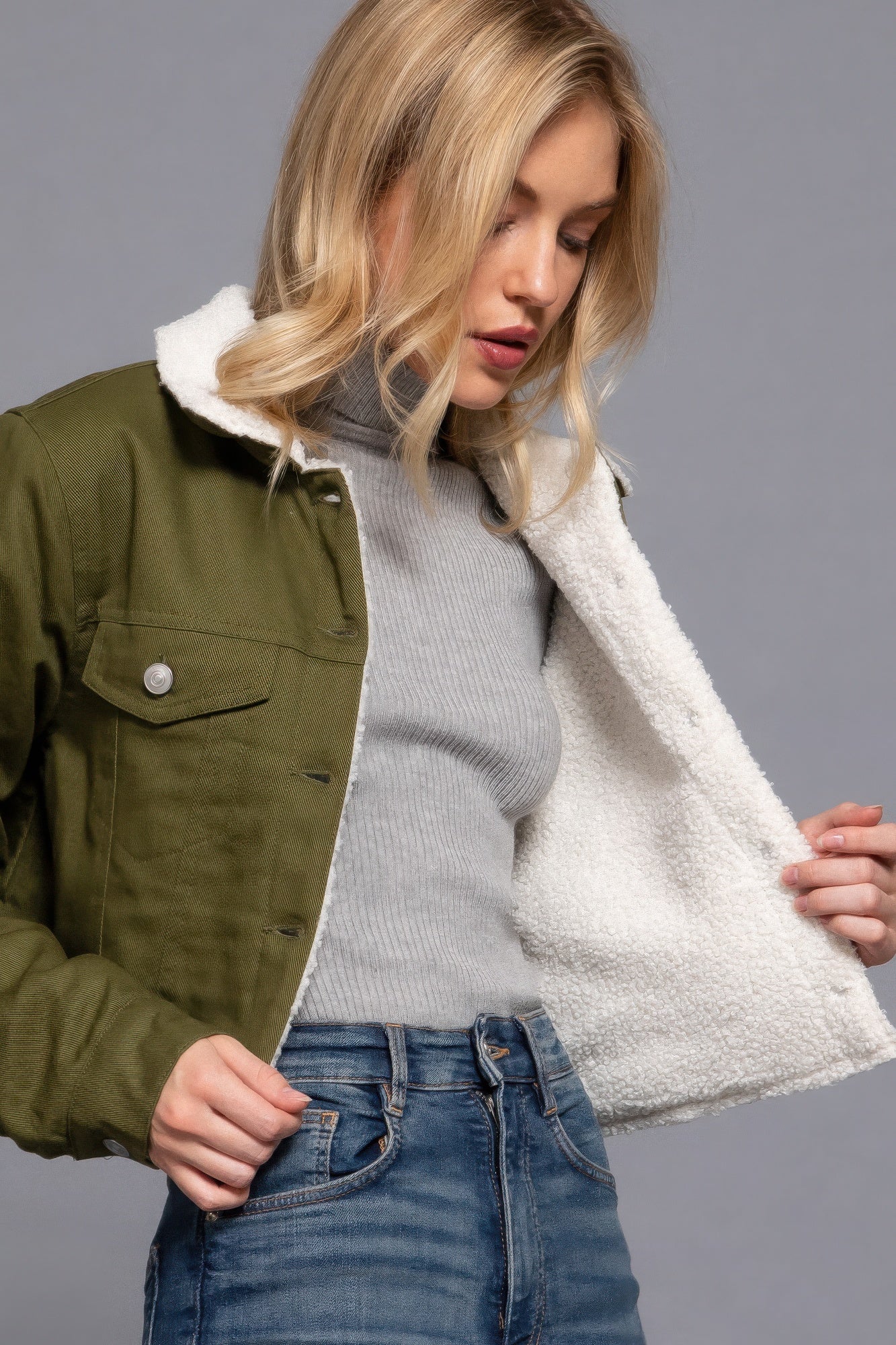 Sherpa Button Closure Twill Jacket