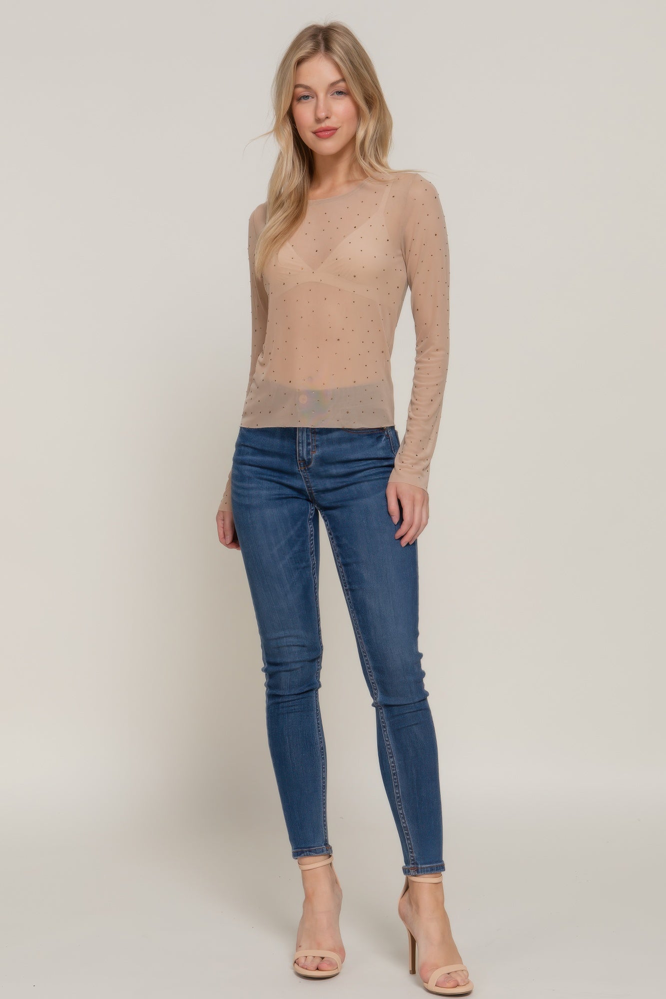 Long Sleeve Mesh Rhinestone Top