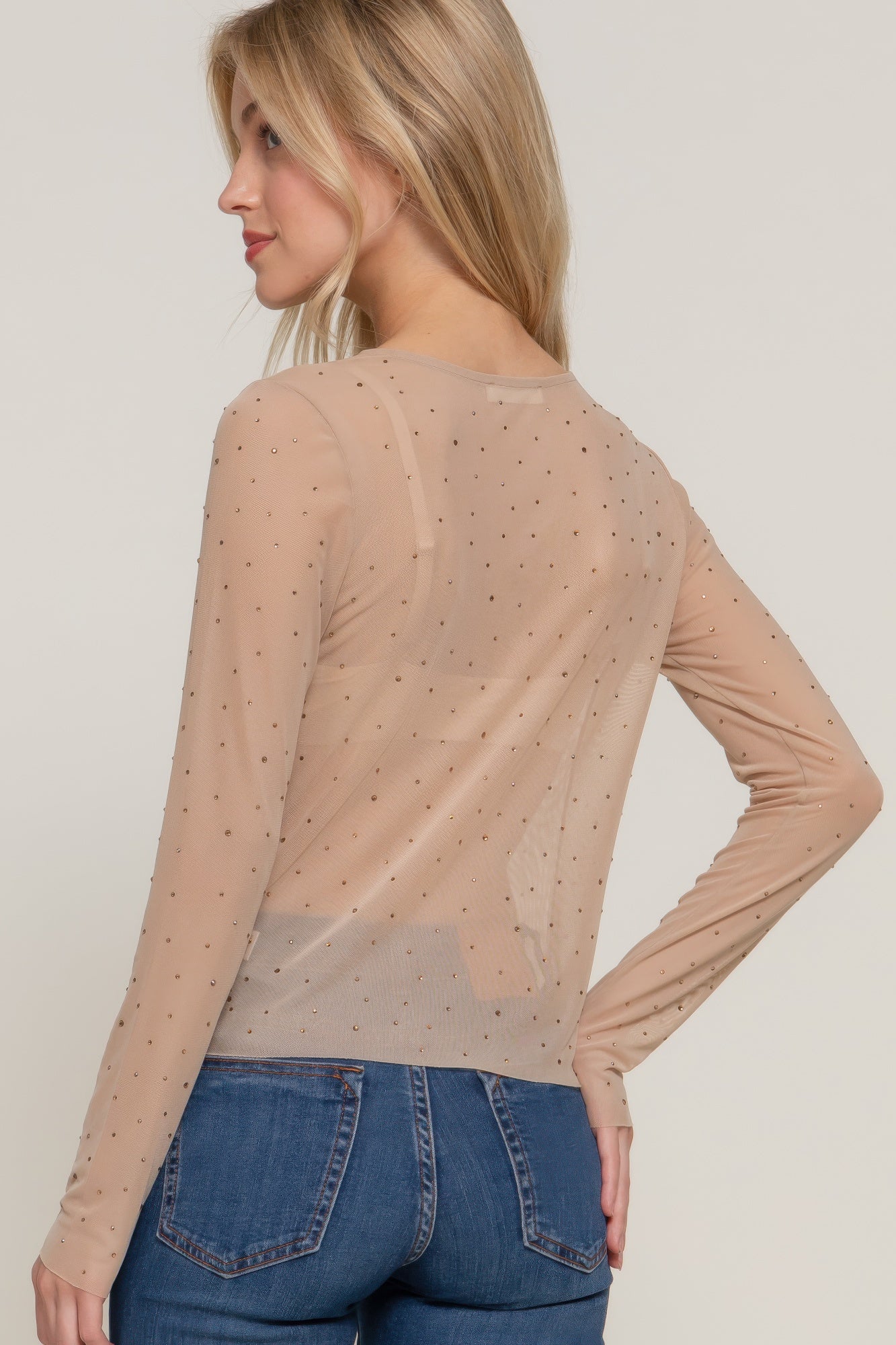 Long Sleeve Mesh Rhinestone Top