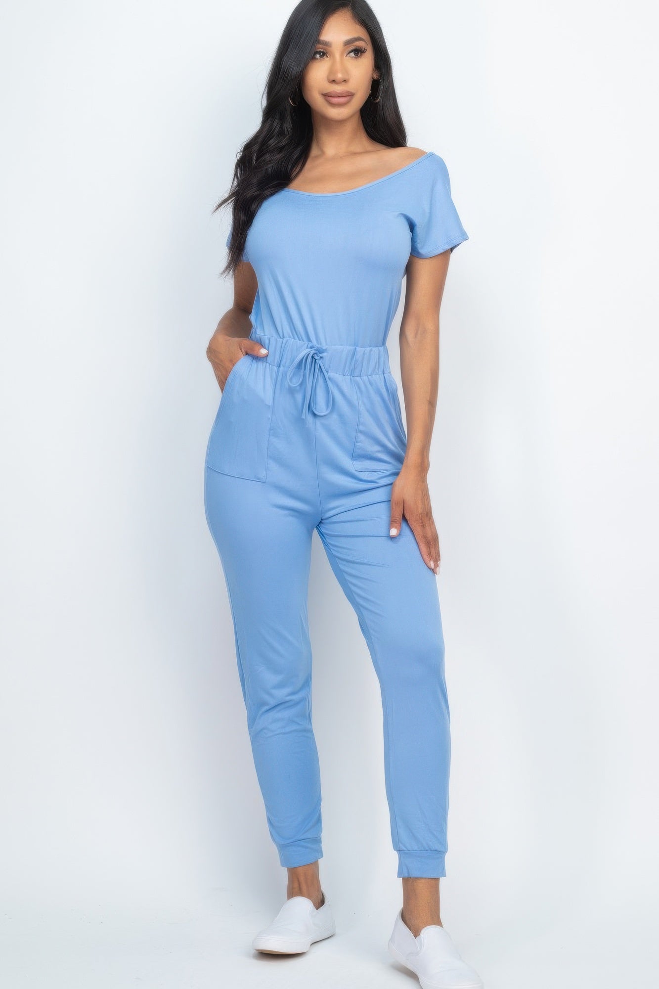 Short Sleeve Shoulder Drawstring Jumpsuit