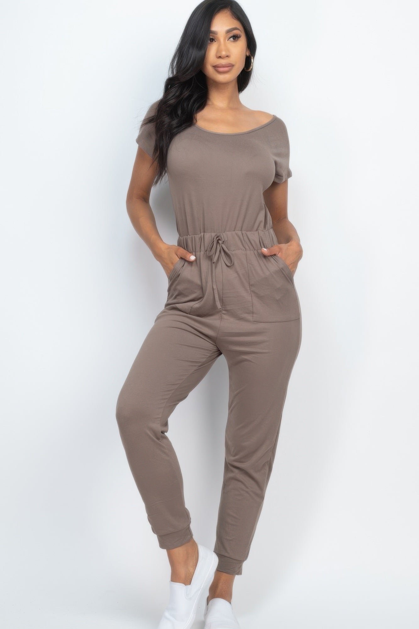 Short Sleeve Shoulder Drawstring Jumpsuit