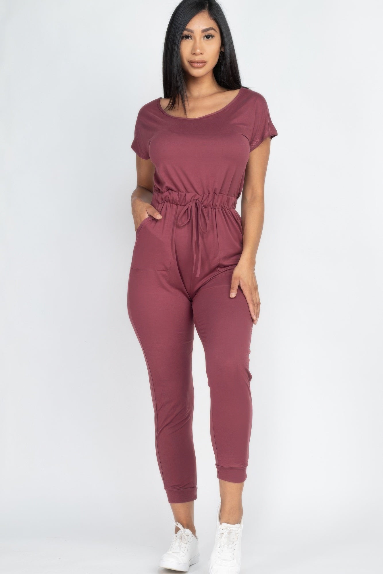 Short Sleeve Shoulder Drawstring Jumpsuit