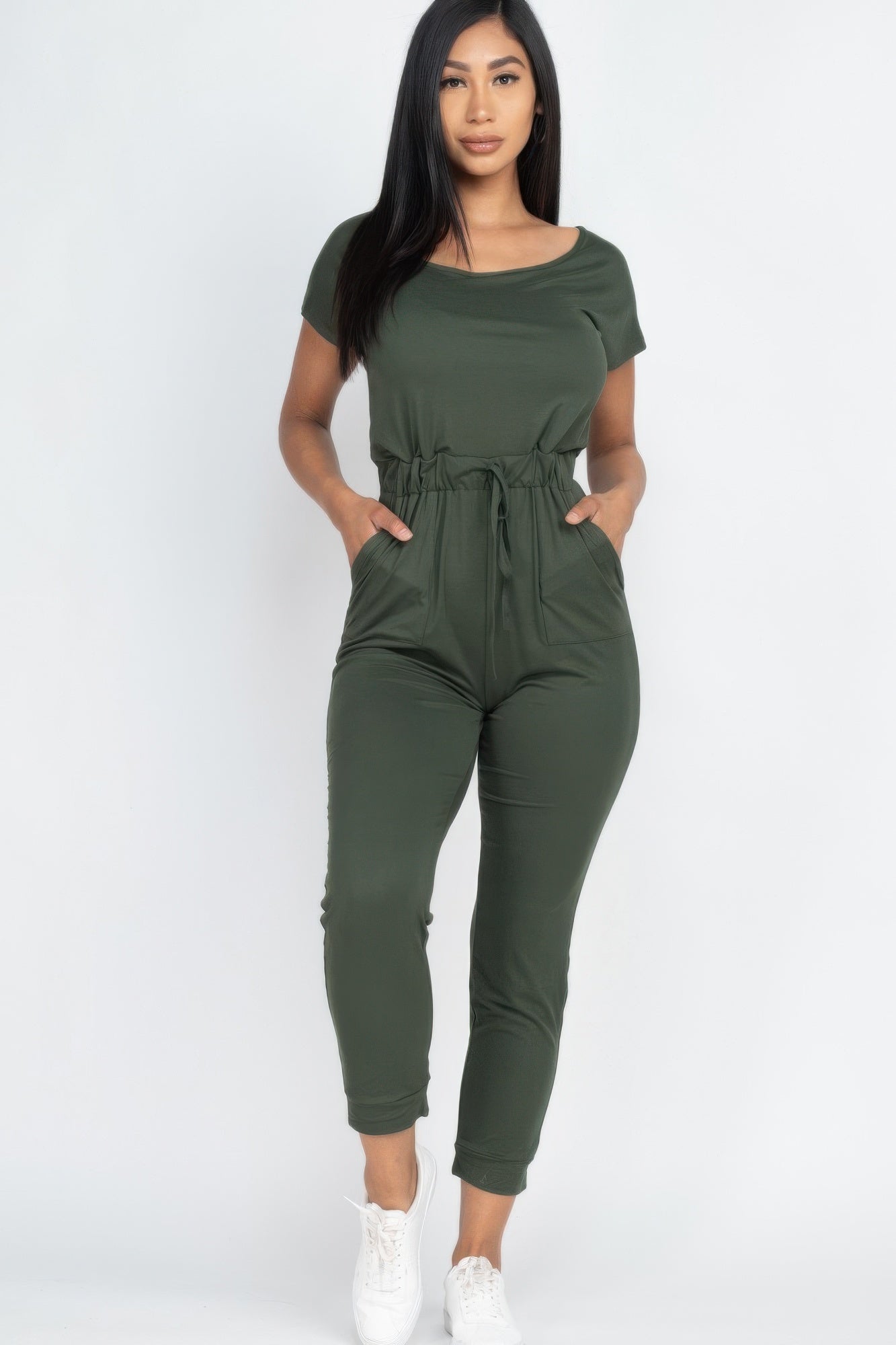 Short Sleeve Shoulder Drawstring Jumpsuit