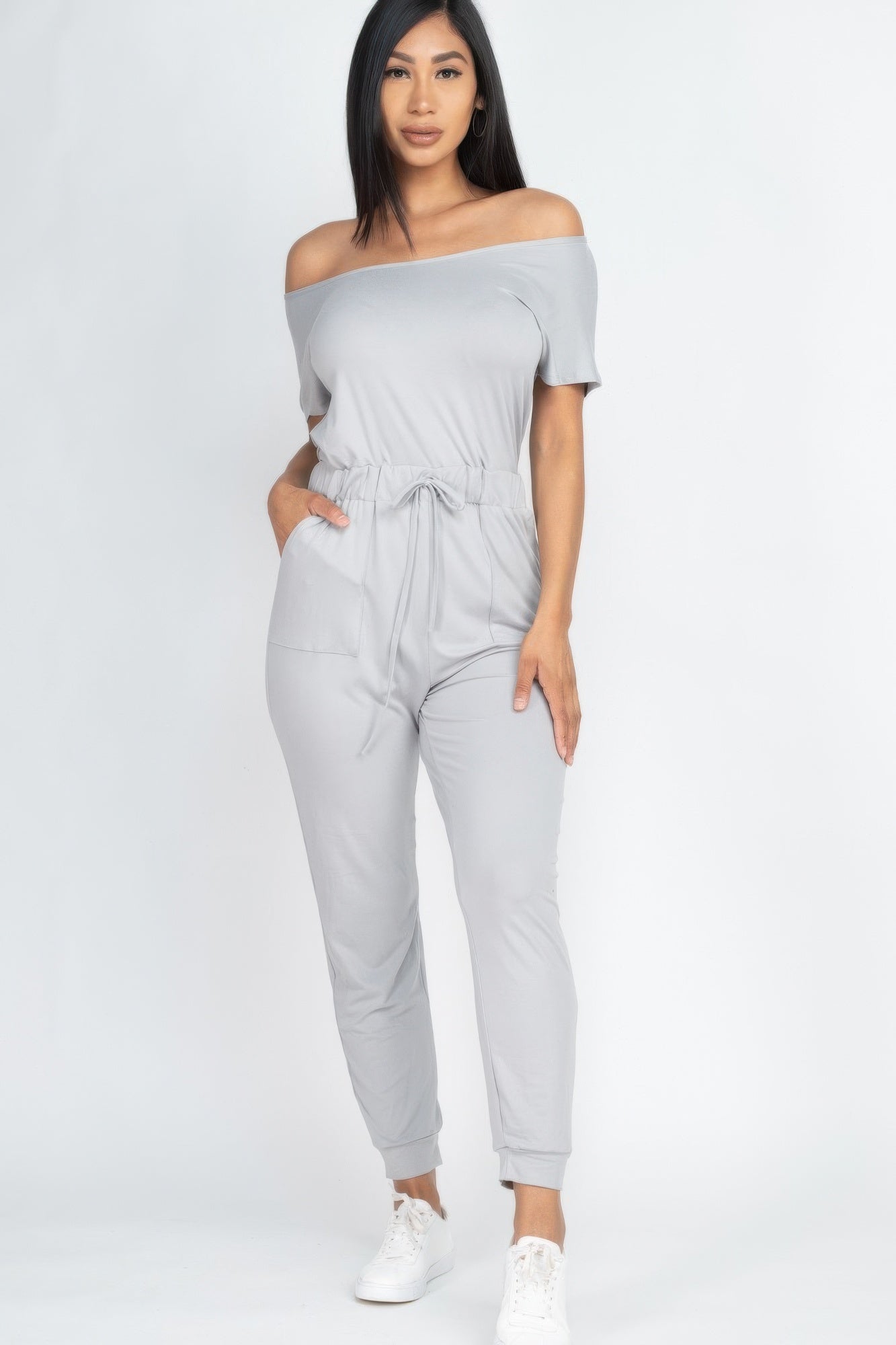 Short Sleeve Shoulder Drawstring Jumpsuit