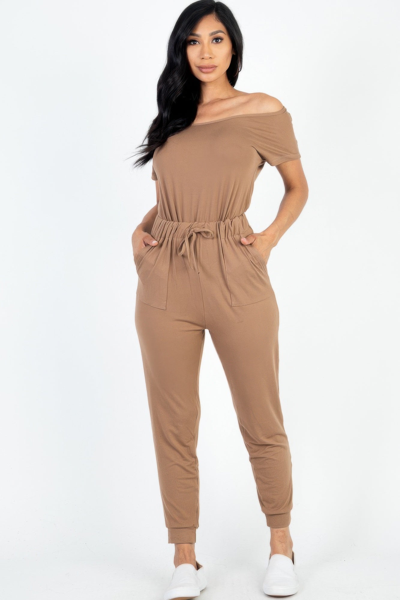 Short Sleeve Shoulder Drawstring Jumpsuit