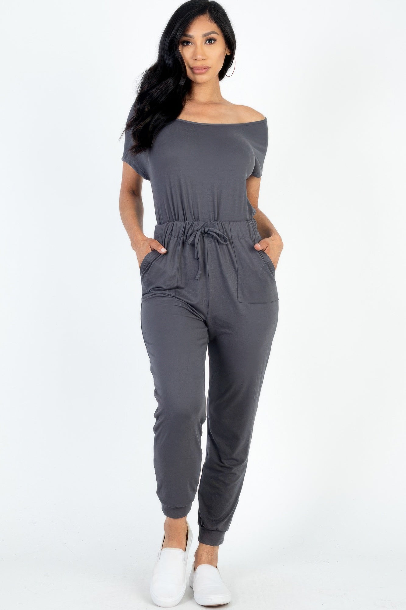 Short Sleeve Shoulder Drawstring Jumpsuit