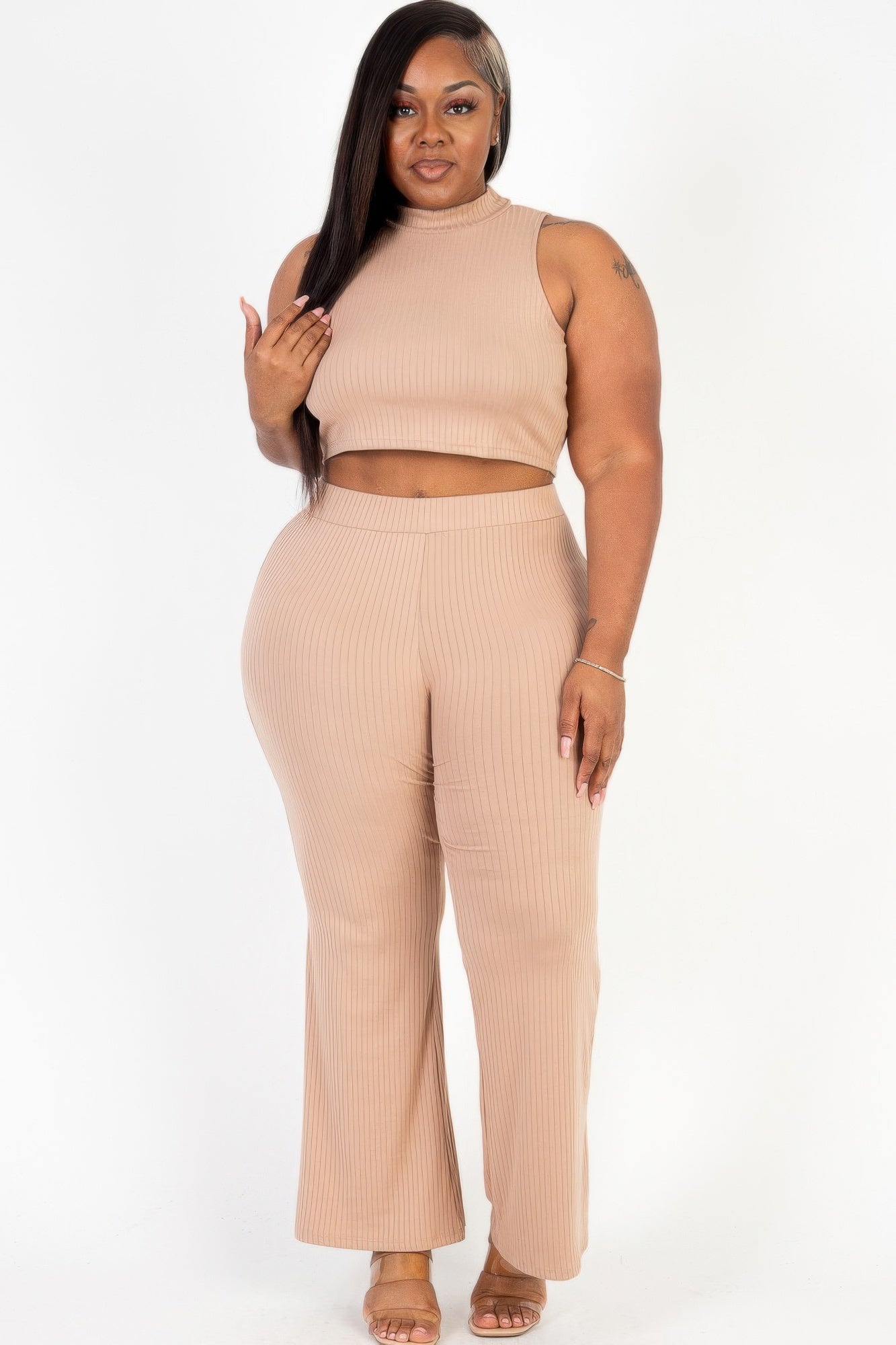 Plus Size Ribbed Crop Tank Top & Bootcut Pants Set