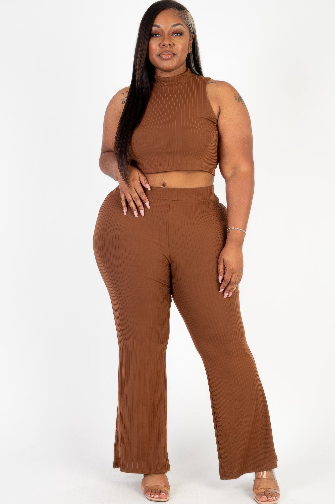 Plus Size Ribbed Crop Tank Top & Bootcut Pants Set