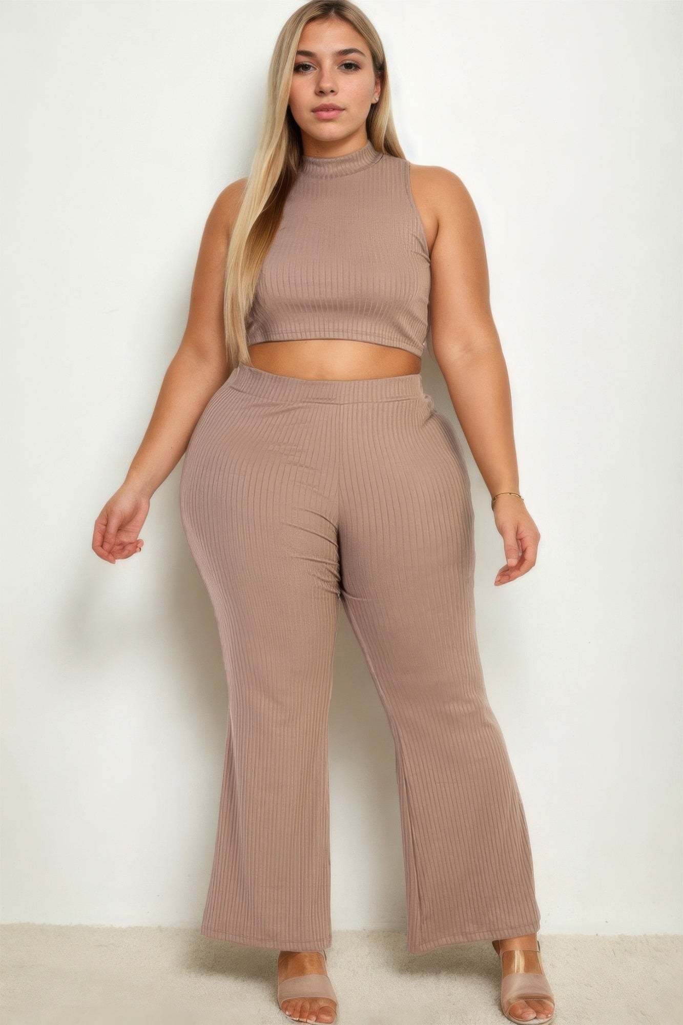Plus Size Ribbed Crop Tank Top & Bootcut Pants Set