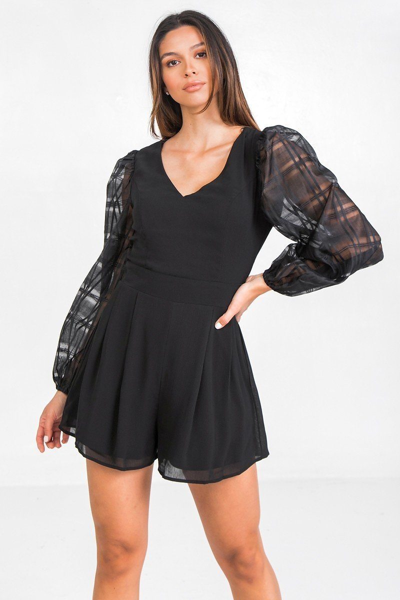V-Neck Solid Pleated Romper