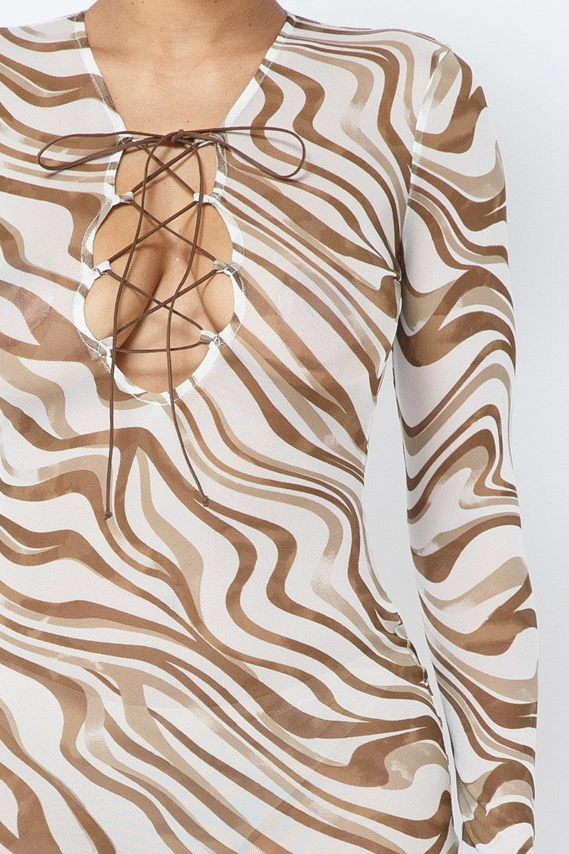 Printed Mesh Long Sleeve Dress