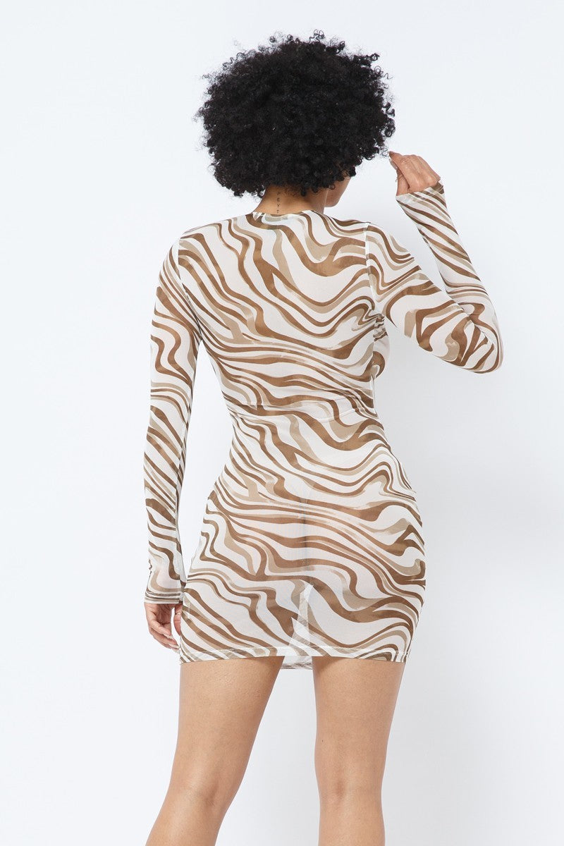 Printed Mesh Long Sleeve Dress