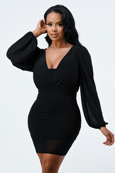 Lux Mesh Layered Lining V Neck Bubble Sleeve Bodycon Dress