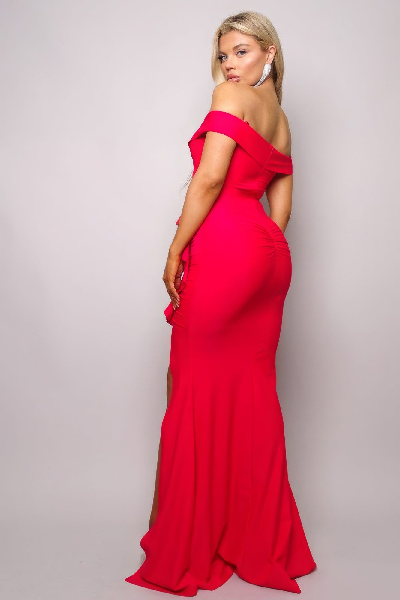 Red Crossover Front Off Shoulder Side Ruffle Maxi Dress
